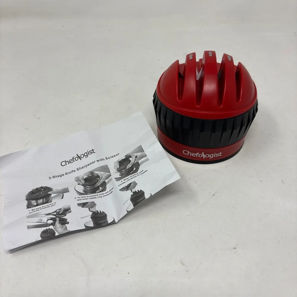Chefologist 3-Stage Knife Sharpener with Scissor Red Black Suction Base Kitchen
